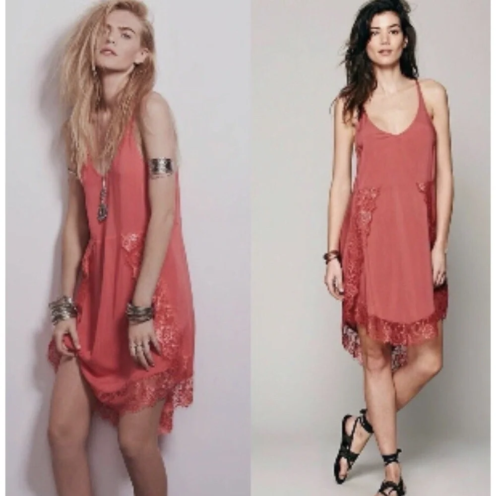 Free People Intimately Eyelashes Lace Mini‎ Slip Dress S Red Coral Boho Festival